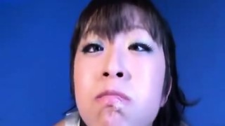 Sexy oriental porn girl shows sticky semen in her mouth after hot Blowjob sex act