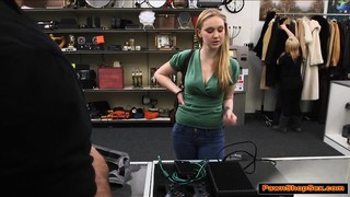 Busty woman gives pawnshop owner a blowjob for a pearl necklace