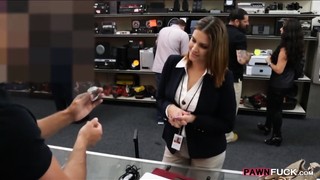 Busty business lady nailed by pawn lover in the backroom