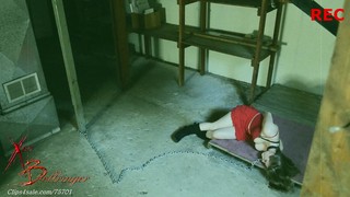 Xev Bellringer sucking chained cock in a basement