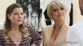 Stepmother and stepdaughter fucked by masseur