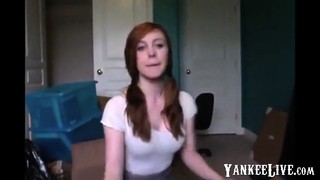 Redhead teen masturbating while parents downstairs.