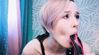 Young girl does dildo blowjob and ahegao faces