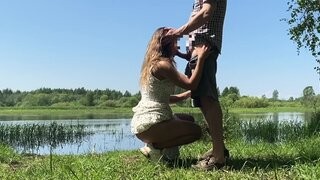 Amateur teen couple having sex by the lake